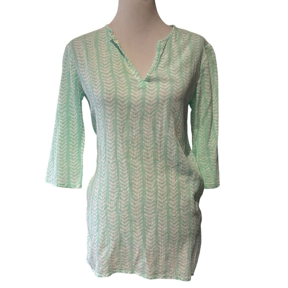 J. Crew Crinkle Tunic‎ Top Size XS Green White V Neck BOHO Coastal Beach